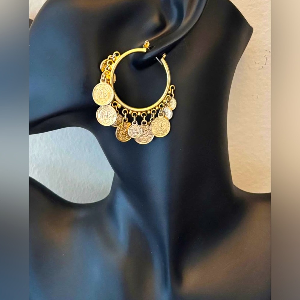Gold-tone Coin Pendant Hoop Earrings
Like New